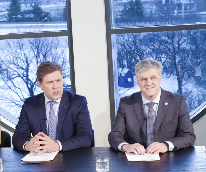 Bjarni Benediktsson the leader of the Icelandic Independence Party, a member of the parliament Ottarr Proppe and politican Benedikt Johannesson introducing the new Icelandic government agreement in Kopavogu